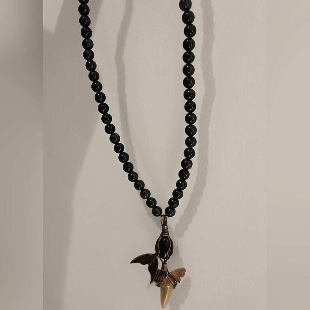 Wire Wrapped Shark Tooth With Black Onyx